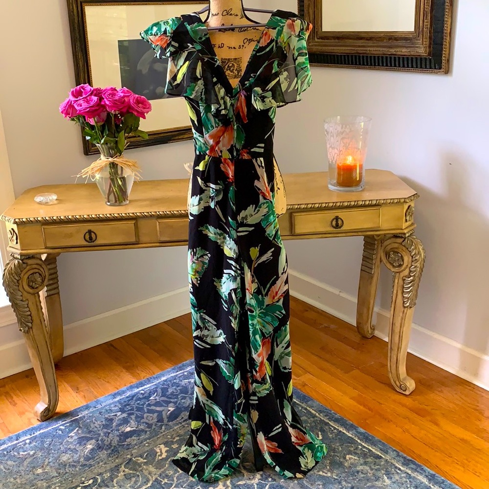 GIANNI BINI fall black green floral jumpsuit S 2 4